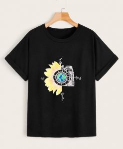 Sunflower And Planet Print T-Shirt SR01